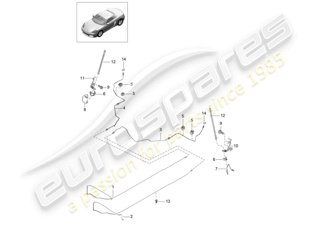 porsche 2021 (718 boxster) centro della linea del freno sottoscocca posteriore diagramma delle parti