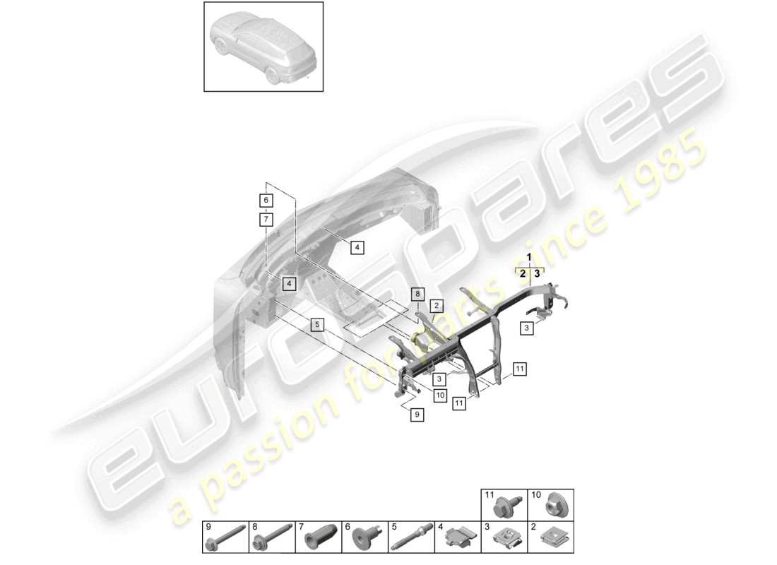 porsche 2023 (cayenne e3 9ya/9yb) schema delle parti del rivestimento del pannello strumenti del telaio di sostegno