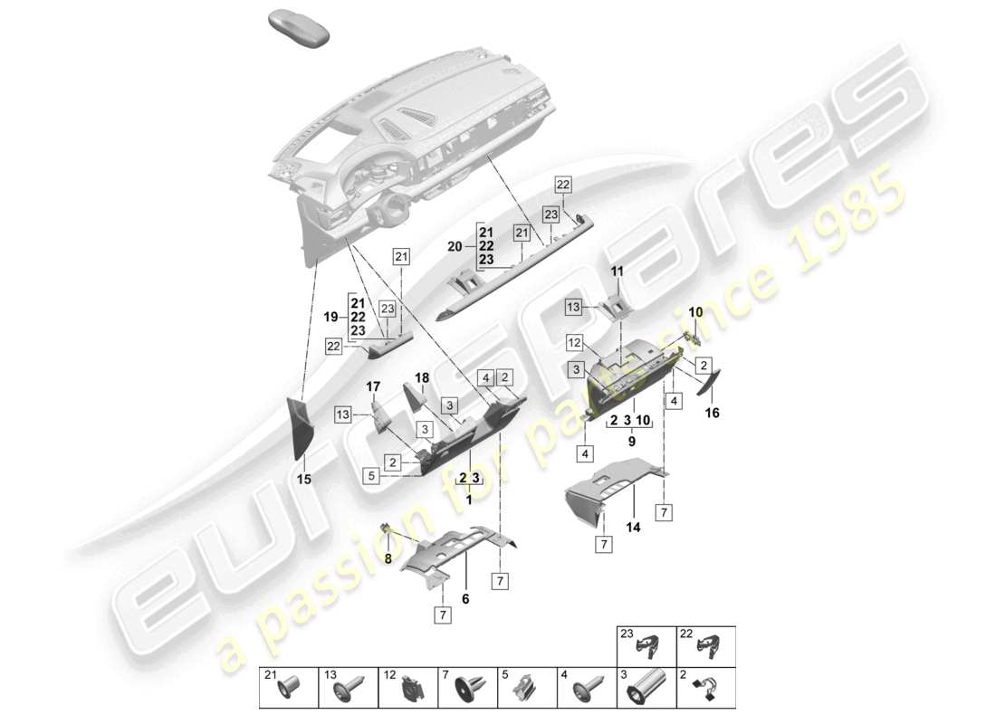 porsche 2025 (macan-e) schema delle parti del vano portaoggetti e del rivestimento (lato conducente)