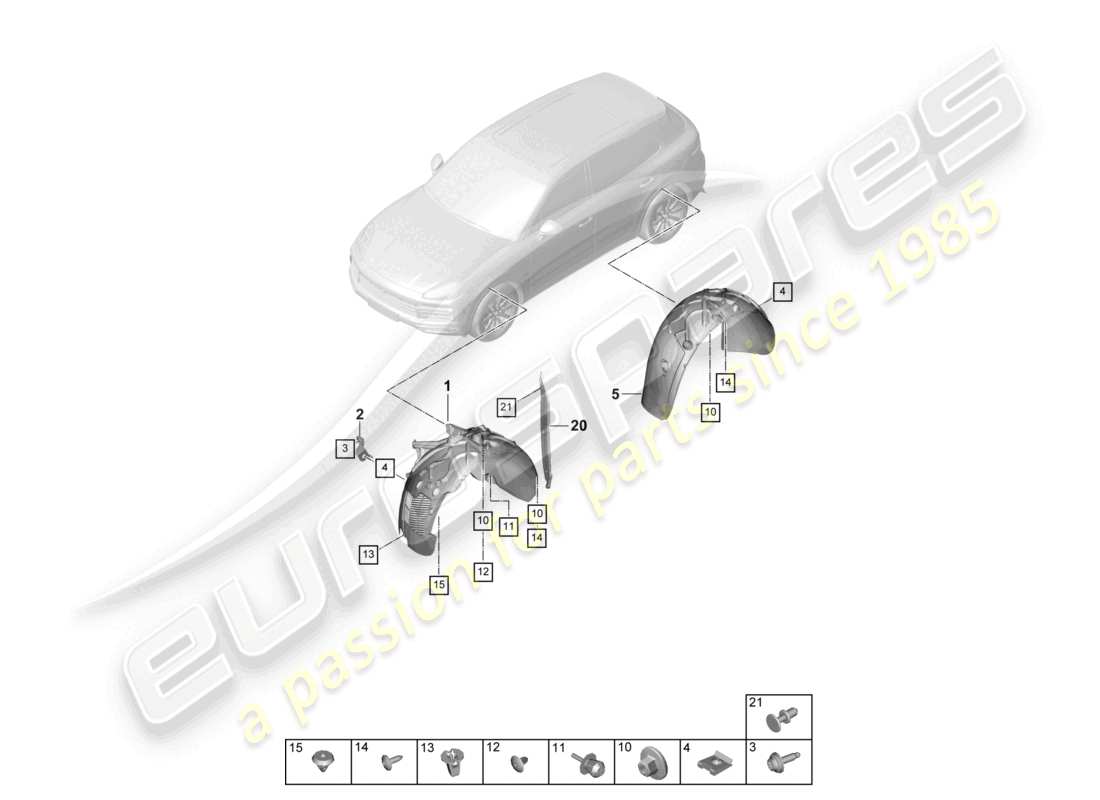 porsche 2022 (cayenne e3 9ya/9yb) schema delle parti del rivestimento del passaruota