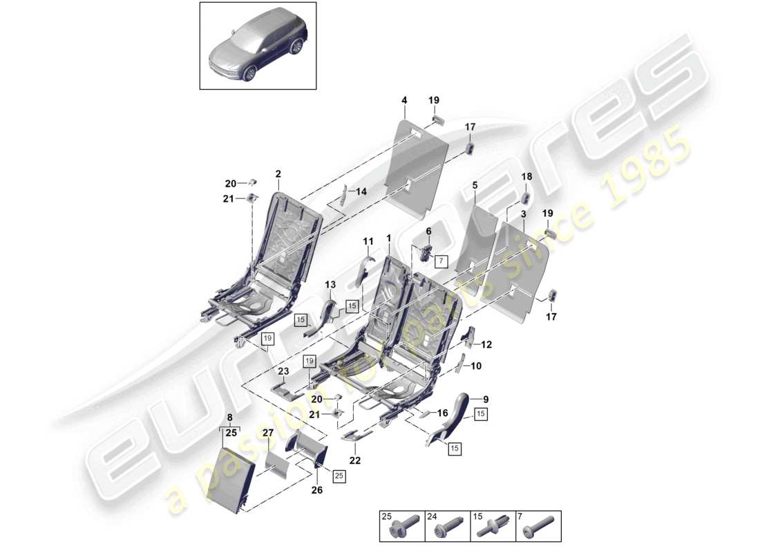 porsche 2023 (cayenne e3 9ya/9yb) schienale del sedile posteriore accessori di finitura sedile standard schema delle parti