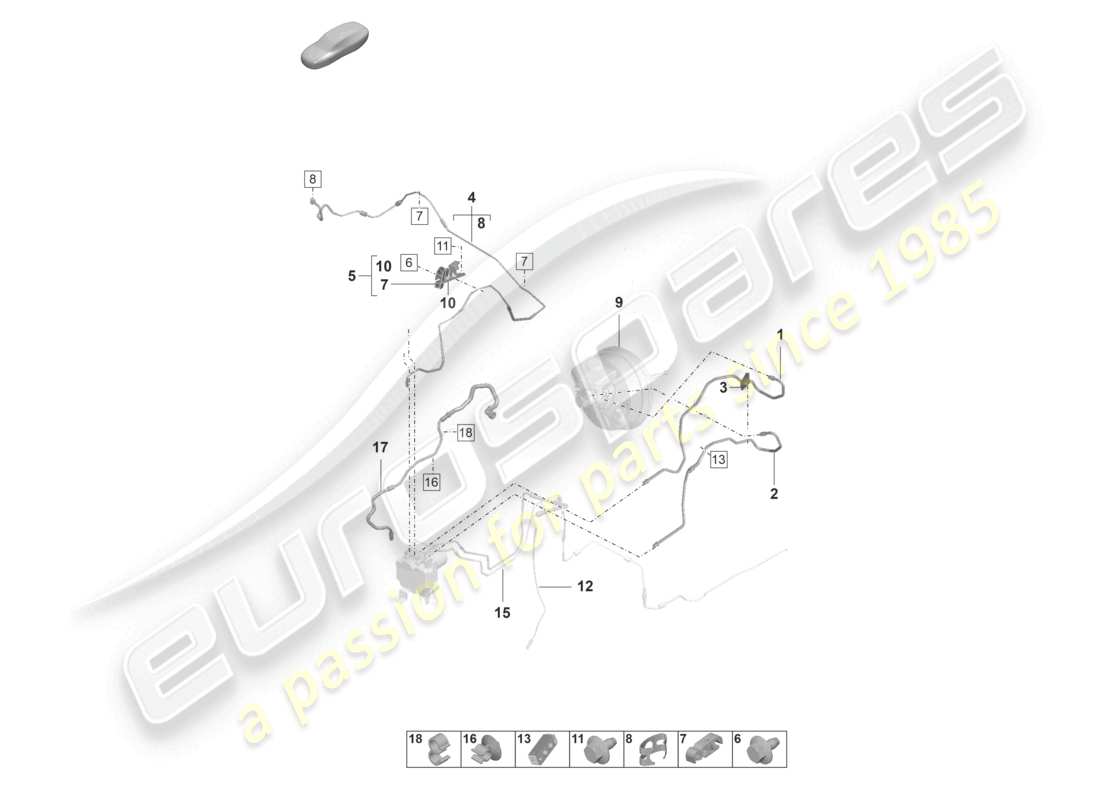 porsche 2024 (panamera 971-2) schema dei componenti del tubo del freno dall'unità idraulica al serbatoio di espansione del liquido di raffreddamento