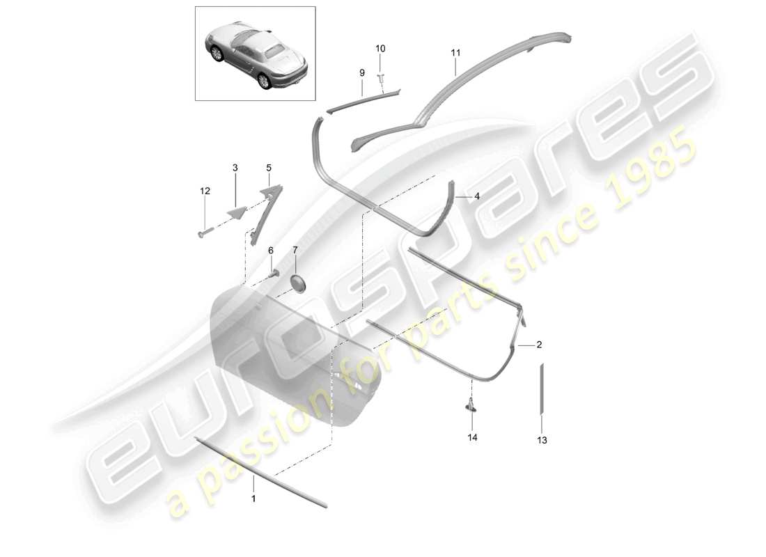 porsche 2025 (718 boxster) schema delle guarnizioni e delle parti di rivestimento della porta