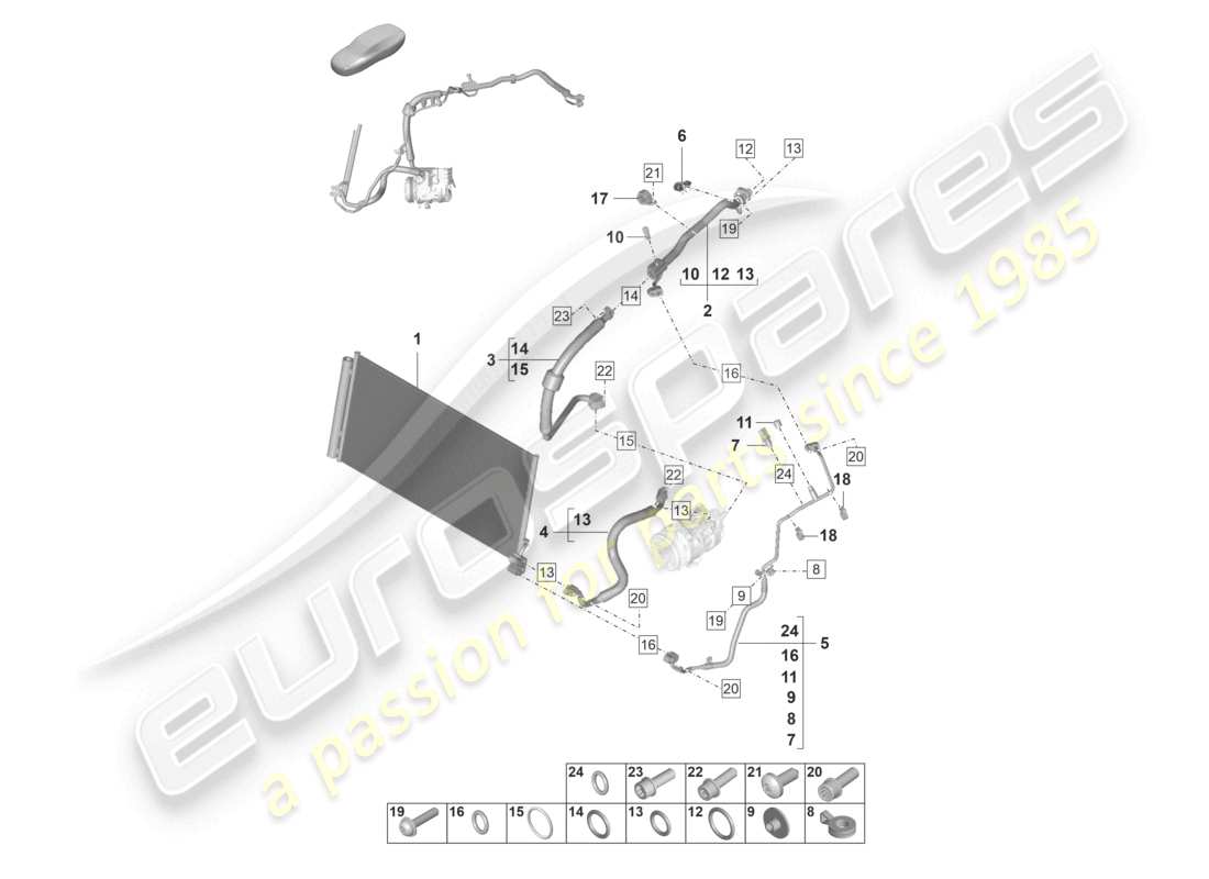 porsche 2024 (panamera 971-2) circuito refrigerante v8 bt r1234yf diagramma delle parti del refrigerante