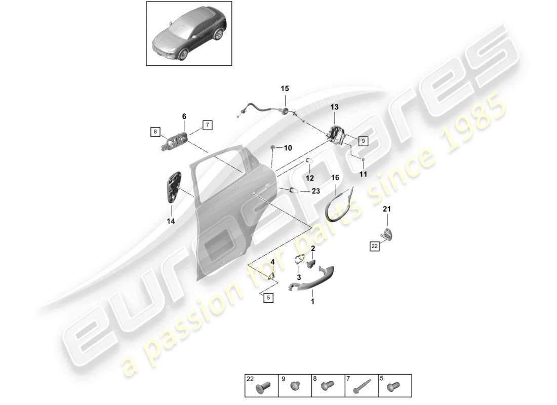 porsche 2023 (cayenne e3 9ya/9yb) maniglia della portiera, posteriore esterna serratura della portiera coupé schema delle parti