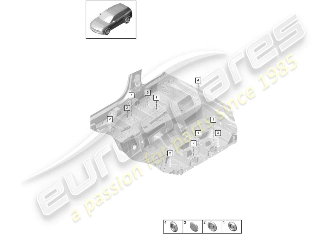 porsche 2023 (cayenne e3 9ya/9yb) tappi interni sottoscocca anteriore diagramma delle parti