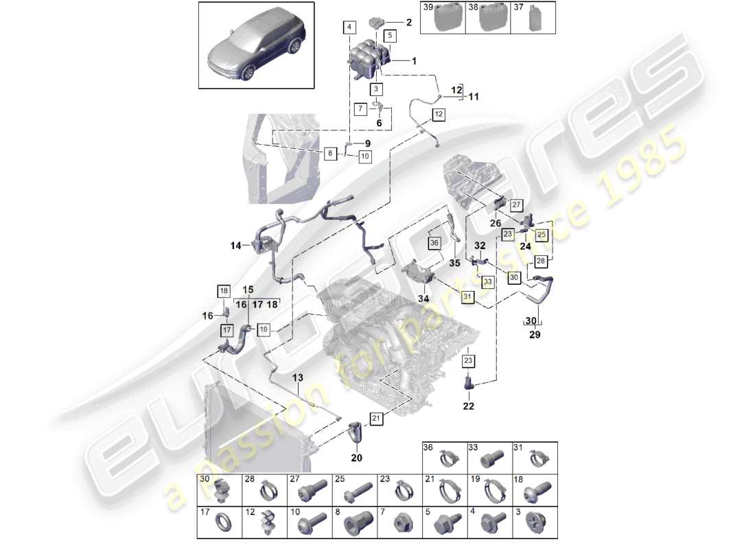 porsche 2022 (cayenne e3 9ya/9yb) sistema di raffreddamento del liquido di raffreddamento serbatoio di espansione del liquido di raffreddamento tubo del liquido di raffreddamento diagramma delle parti