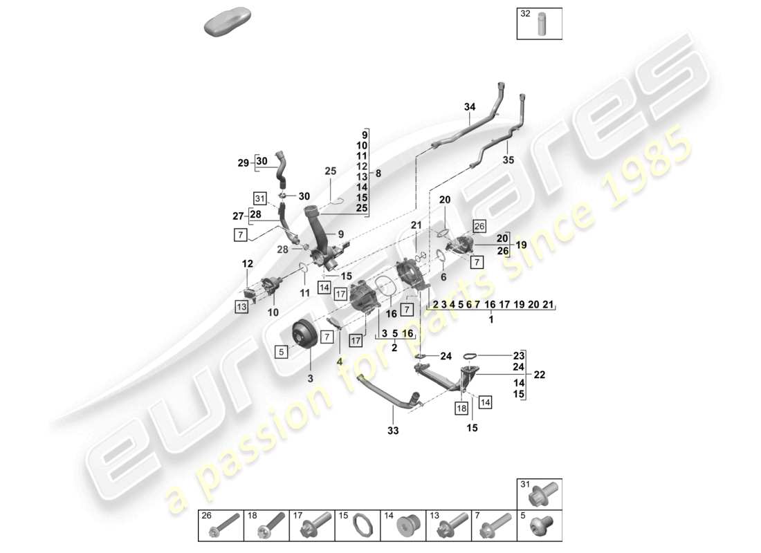 porsche 2023 (992-1 turbo / s) diagramma delle parti dell'alloggiamento del termostato del termostato della pompa del refrigerante