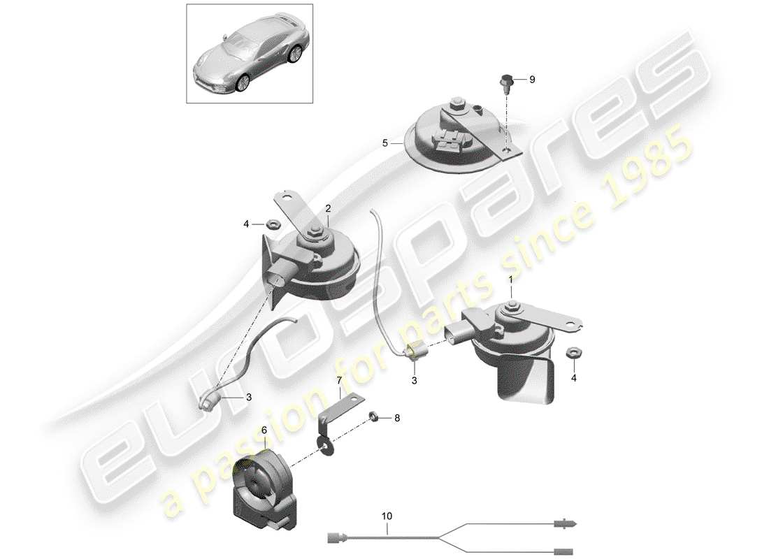 porsche 991 turbo (2018) diagramma delle parti del corno della fanfara