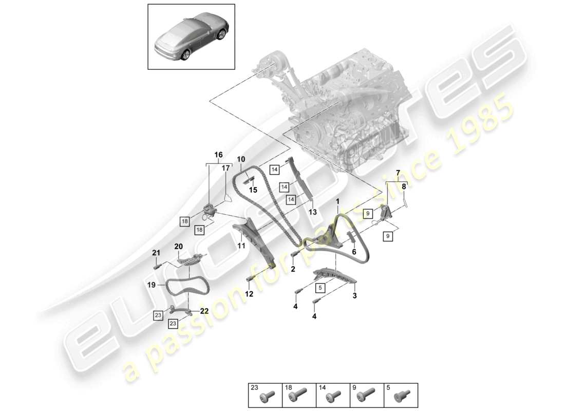 porsche 2021 (panamera 971-1) tendicatena della guida di scorrimento della catena di distribuzione diagramma delle parti