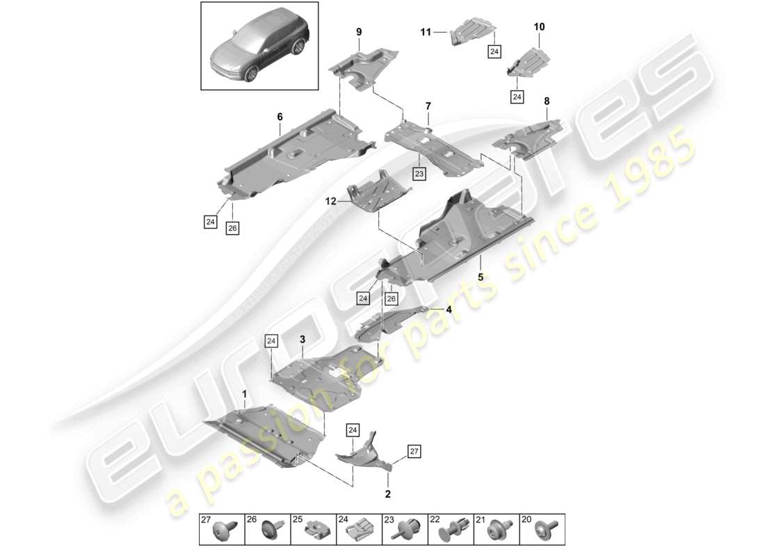 porsche 2022 (cayenne e3 9ya/9yb) rivestimento sottoscocca per veicoli con trazione ibrida schema dei componenti