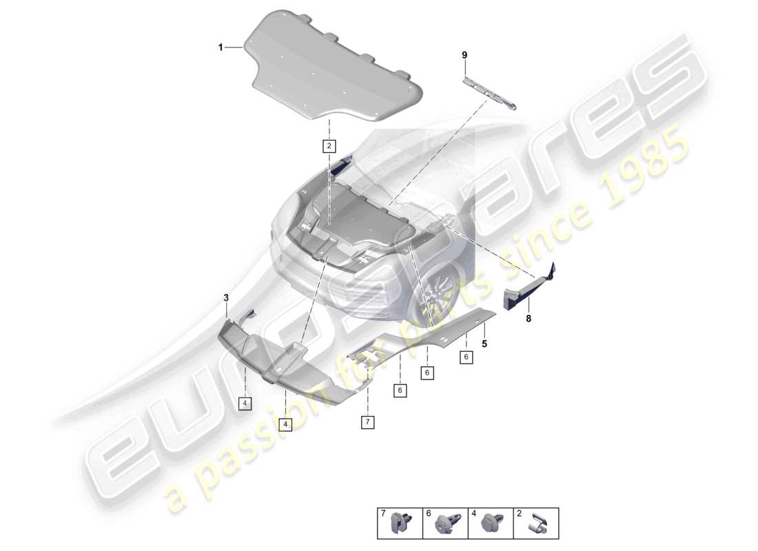 porsche 2023 (cayenne e3 9ya/9yb) assorbitore acustico vano motore parte anteriore pannello di copertura diagramma delle parti