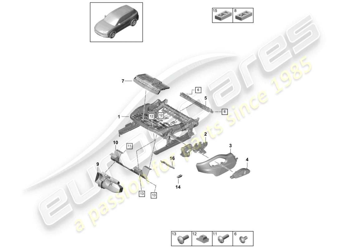 porsche 2023 (cayenne e3 9ya/9yb) schema delle parti del telaio del sedile sportivo