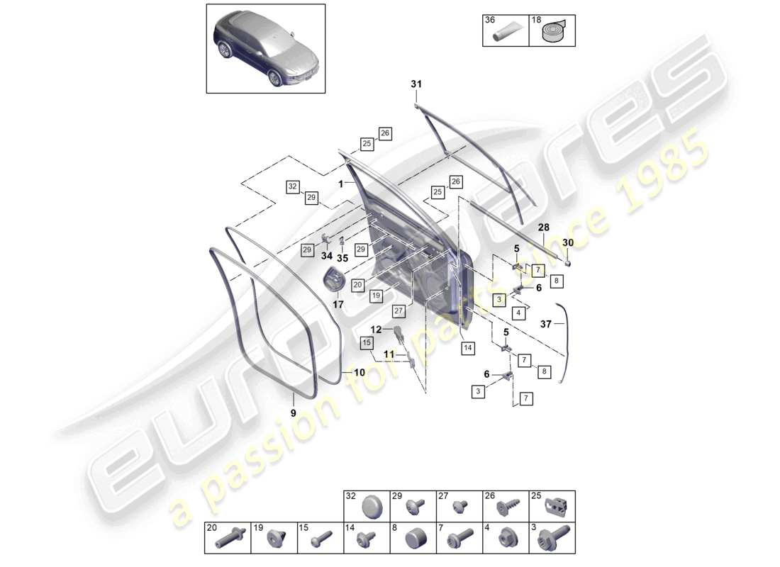 porsche 2023 (cayenne e3 9ya/9yb) schema delle parti delle guarnizioni anteriori della portiera della coupe