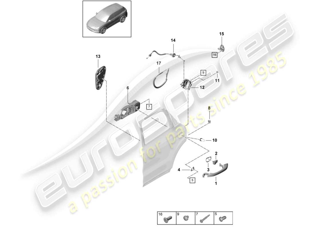 porsche 2023 (cayenne e3 9ya/9yb) maniglia della porta, posteriore esterna schema delle parti della serratura della porta