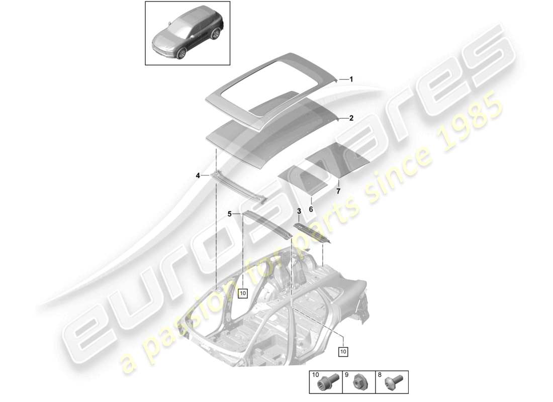 porsche 2022 (cayenne e3 9ya/9yb) diagramma delle parti del portello del tetto