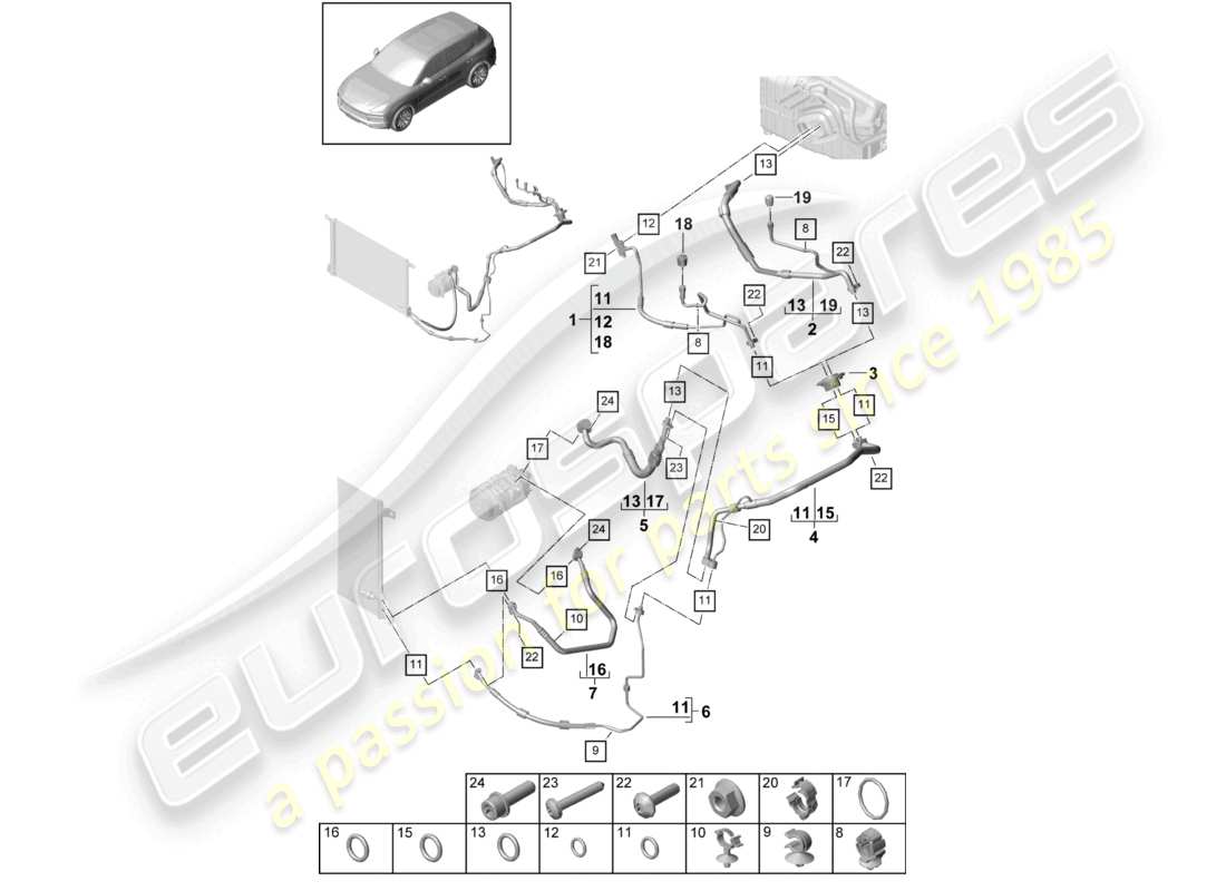 porsche 2022 (cayenne e3 9ya/9yb) schema delle parti della linea refrigerante dell'aria condizionata v8 r1234yf