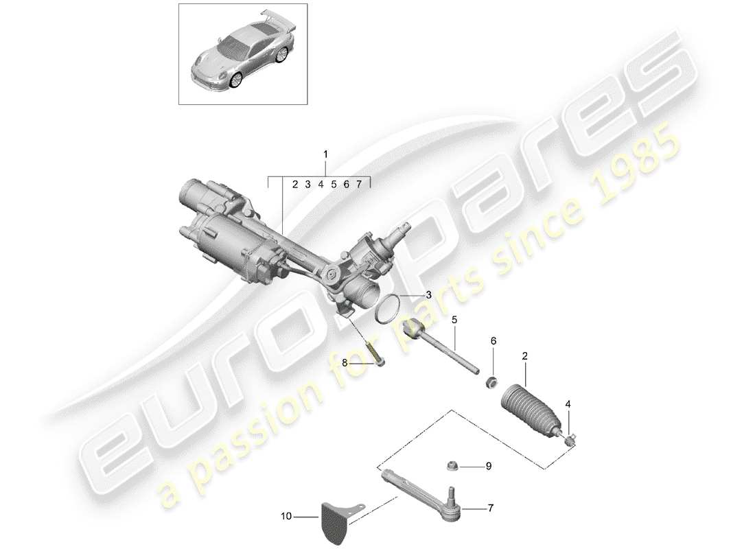 porsche 991 turbo (2018) schema delle parti della scatola dello sterzo