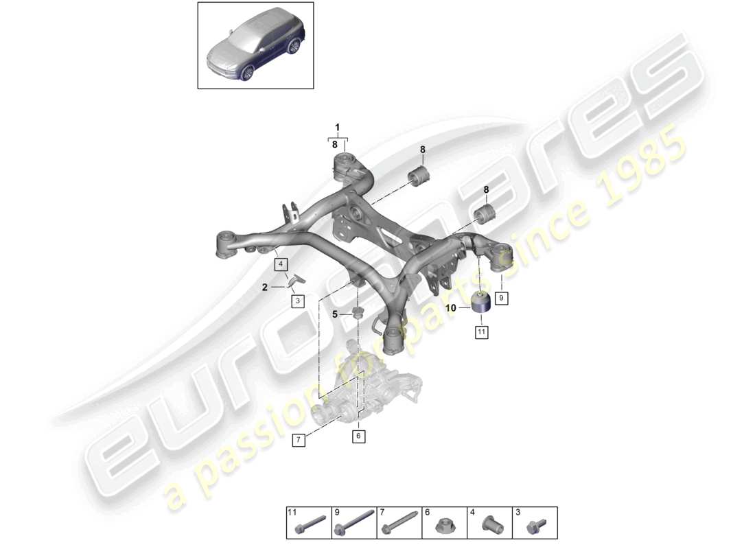 porsche 2022 (cayenne e3 9ya/9yb) schema delle parti del telaio di supporto e del sottotelaio di sospensione