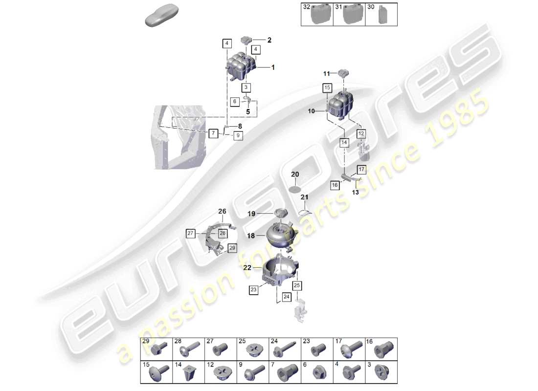 porsche 2023 (cayenne e3 pa) sistema di raffreddamento del liquido di raffreddamento serbatoio di espansione del liquido di raffreddamento diagramma delle parti