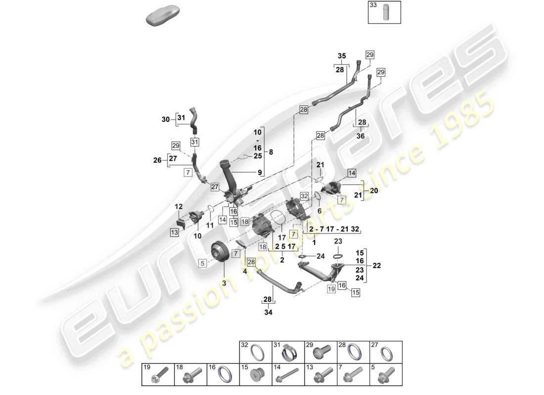 porsche 2024 (992-2) diagramma delle parti dell'alloggiamento del termostato del termostato della pompa del refrigerante
