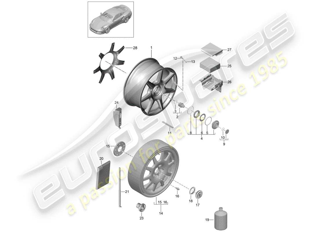 porsche 991 turbo (2018) diagramma delle parti del cerchio in lega