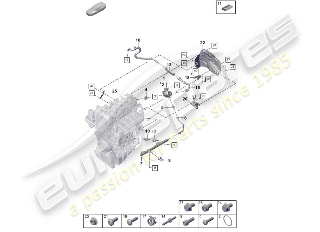 porsche 2025 (cayenne e3 pa) tubo di raccolta del carburante, iniettore ad alta pressione, pompa ad alta pressione, schema delle parti della linea del carburante