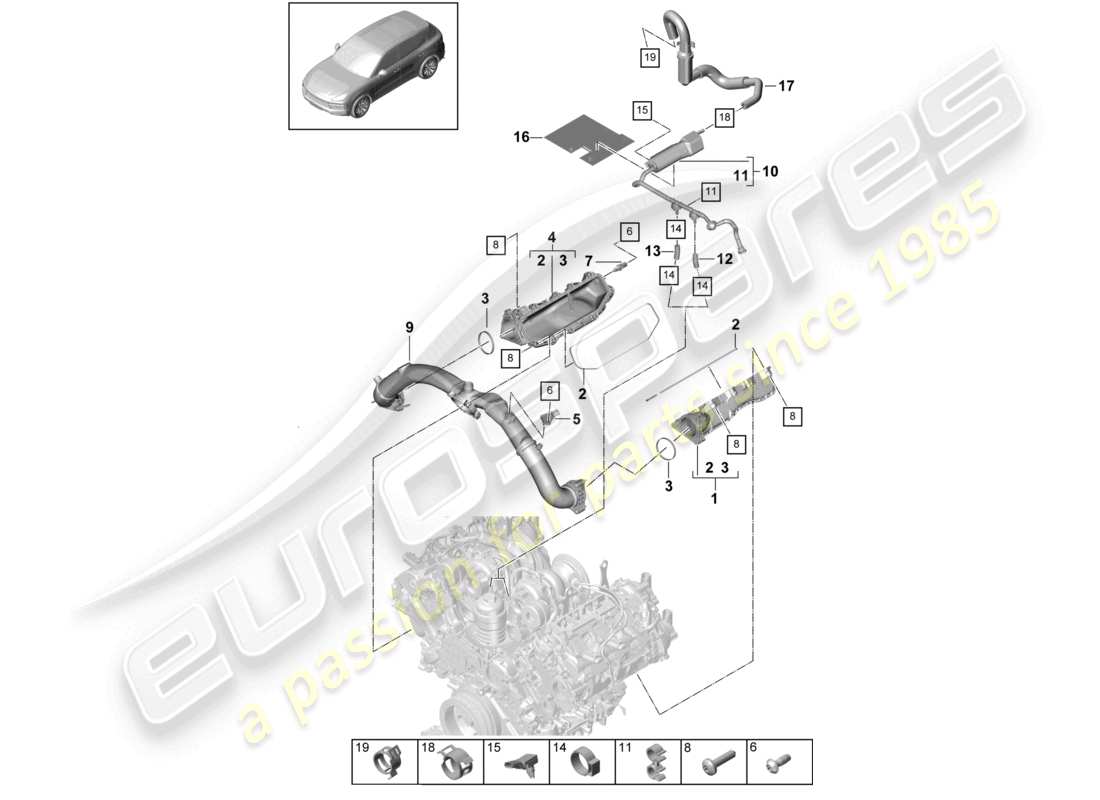 porsche 2023 (cayenne e3 9ya/9yb) schema delle parti di ventilazione del collettore di aspirazione per il serbatoio del carburante