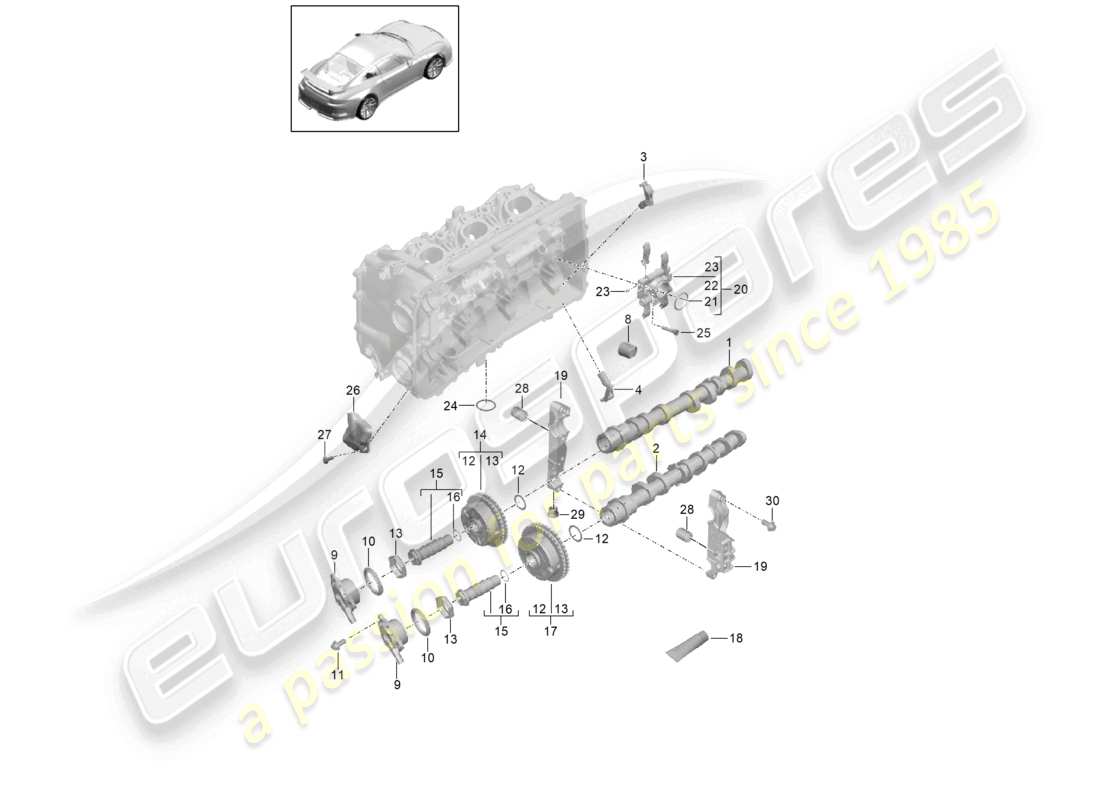 porsche 2021 (991-2 r/gt3/rs) unità di regolazione dell'albero a camme dell'albero a camme compl. diagramma delle parti