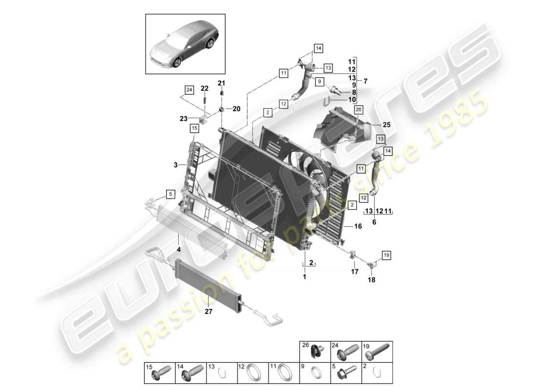 porsche 2021 (panamera 971-1) sistema di raffreddamento del liquido di raffreddamento 3 diagramma delle parti del dispositivo di raffreddamento del liquido di raffreddamento