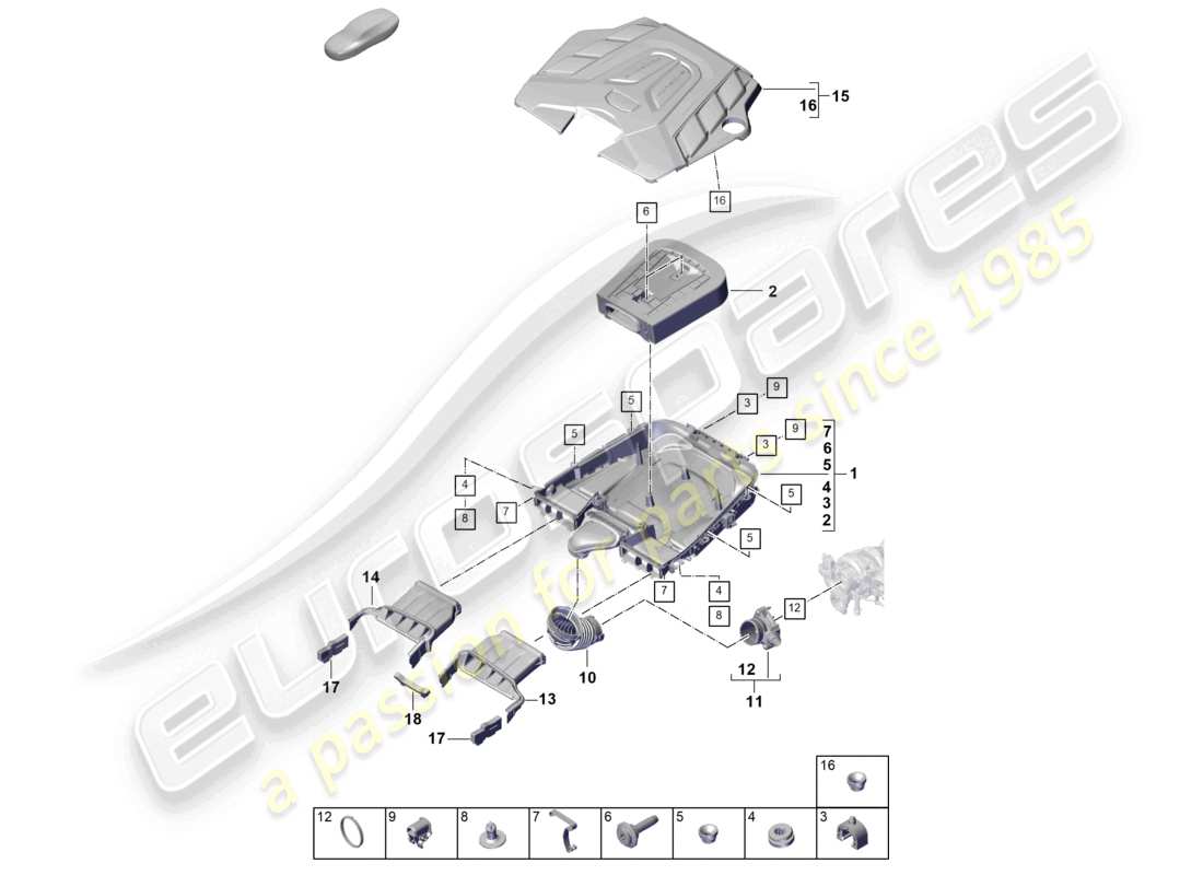 porsche 2026 (cayenne e3 pa) filtro dell'aria con parti di collegamento coperchio motore schema delle parti