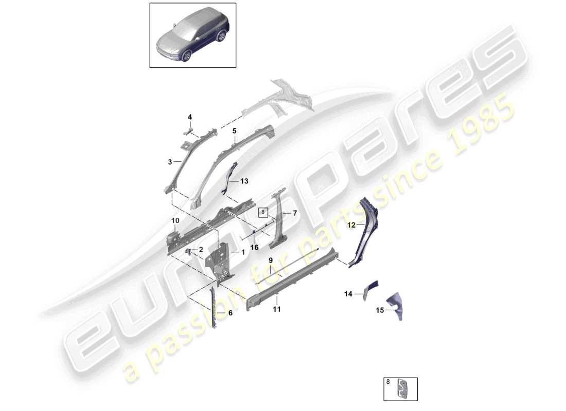 porsche 2022 (cayenne e3 9ya/9yb) parte laterale anteriore, diagramma della parte interna