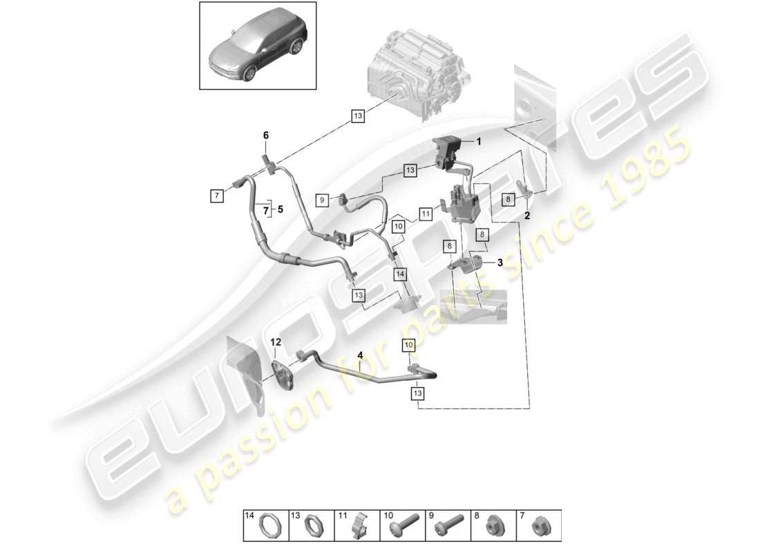 porsche 2023 (cayenne e3 9ya/9yb) circuito refrigerante scatola dell'acqua lhd per veicoli con trazione ibrida schema delle parti