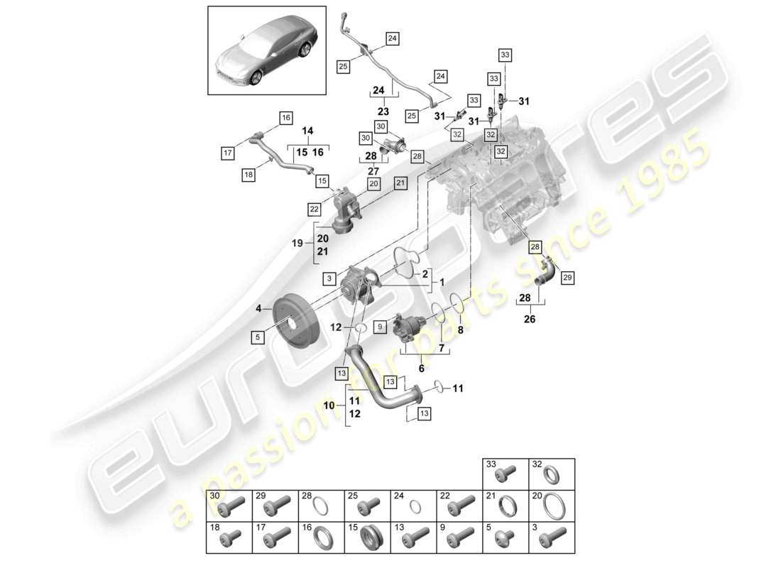 porsche 2021 (panamera 971-1) alloggiamento del termostato della pompa del liquido di raffreddamento tubo del liquido di raffreddamento linea di sfiato diagramma delle parti