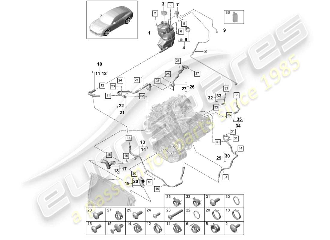 porsche 2021 (panamera 971-1) sistema di raffreddamento del liquido di raffreddamento serbatoio di espansione del liquido di raffreddamento linea di sfiato per modelli senza riscaldatore ausiliario schema dei componenti