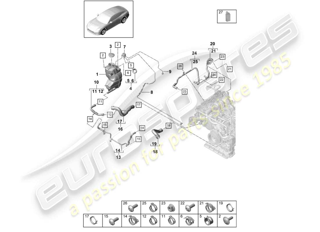porsche 2021 (panamera 971-1) sistema di raffreddamento del liquido di raffreddamento serbatoio di espansione del liquido di raffreddamento linea di sfiato diagramma delle parti