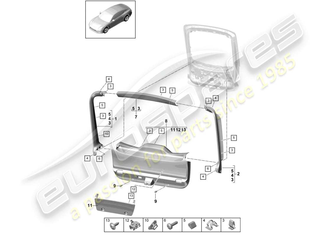 porsche 2021 (panamera 971-1) rifiniture interne coperchio posteriore schema delle parti