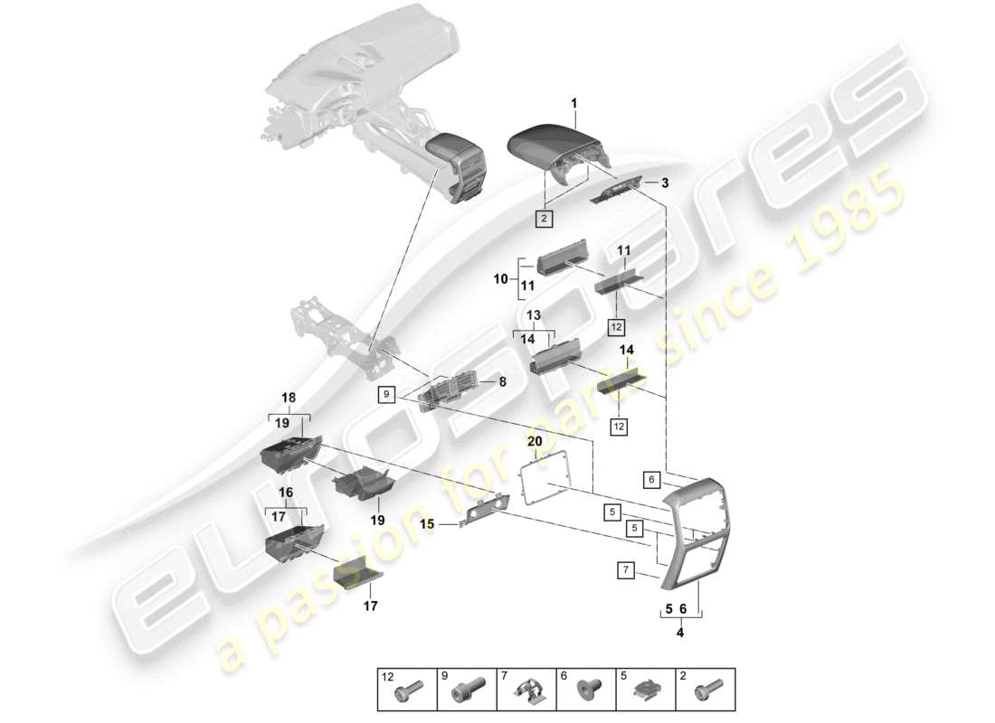 porsche 2021 (cayenne e3 9ya/9yb) consolle centrale posteriore diagramma delle parti