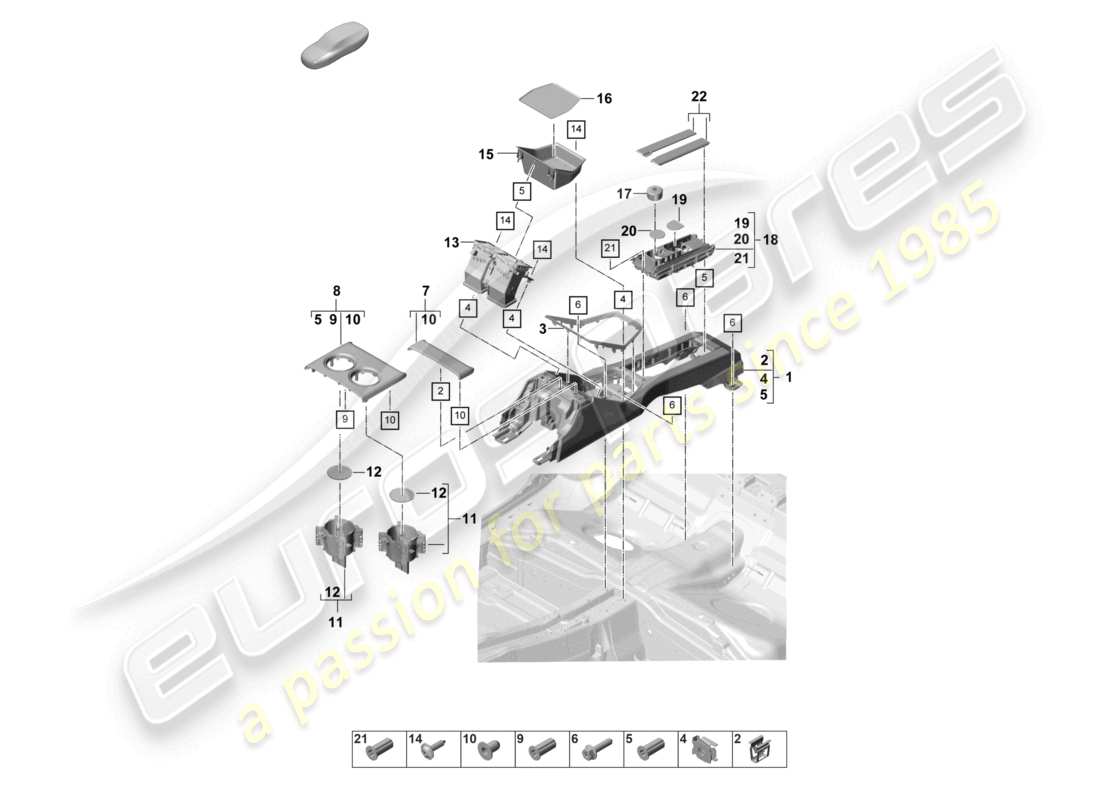porsche 2024 (panamera 971-2) schema delle parti posteriori della consolle centrale
