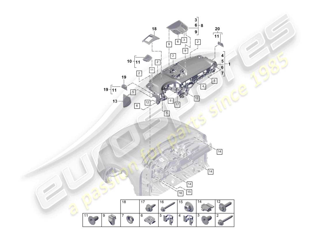 porsche 2026 (cayenne e3 pa) schema delle parti del rivestimento superiore del pannello strumenti e degli accessori