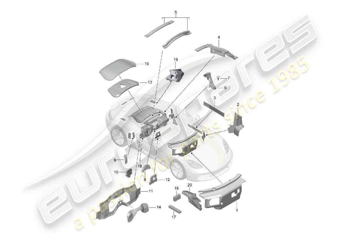 porsche 2024 (718 cayman) diagramma delle parti dell'assorbitore acustico del corpo