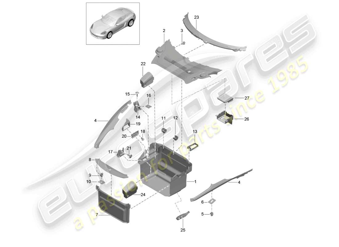 porsche 2021 (718 cayman) schema delle parti anteriori del rivestimento del vano bagagli