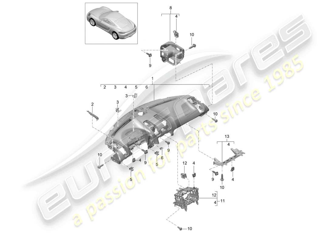 porsche 2021 (718 cayman) rivestimento del pannello strumenti parte superiore con: elementi di fissaggio diagramma delle parti