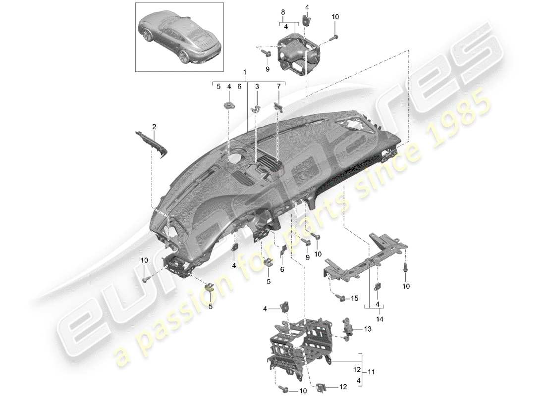 porsche 991 turbo (2018) rivestimento del pannello cruscotto diagramma delle parti