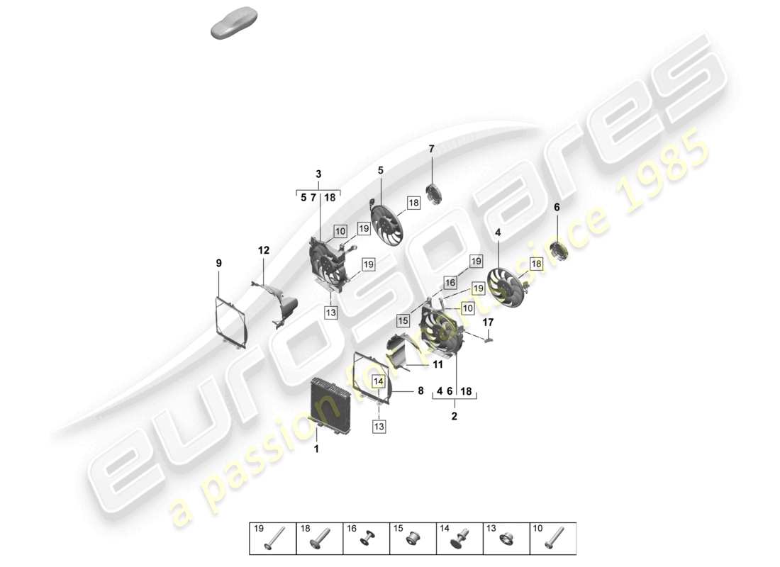 porsche 2026 (taycan 9j1-2) radiatore del liquido di raffreddamento con ventola del radiatore diagramma delle parti