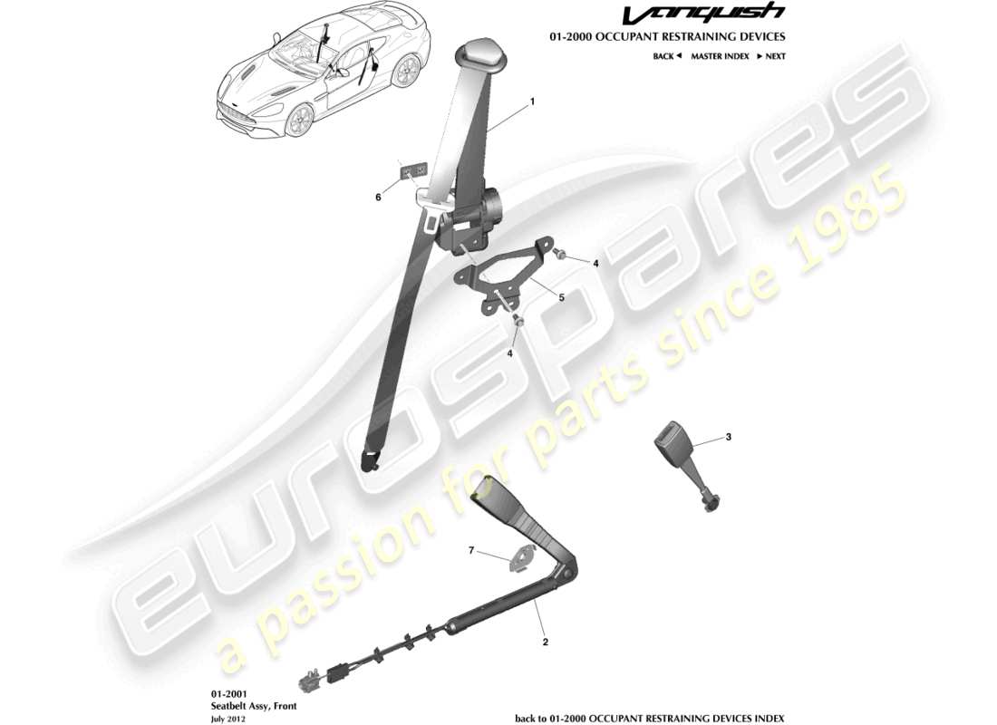 aston martin vanquish (2016) cinture di sicurezza anteriori diagramma delle parti