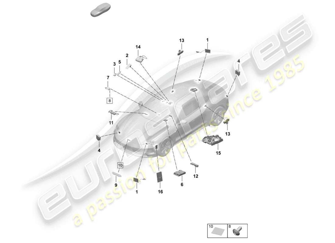 porsche 2026 (taycan 9j1-2) lettore di chip card anteriore aereo per sistema di pedaggio stradale schema delle parti