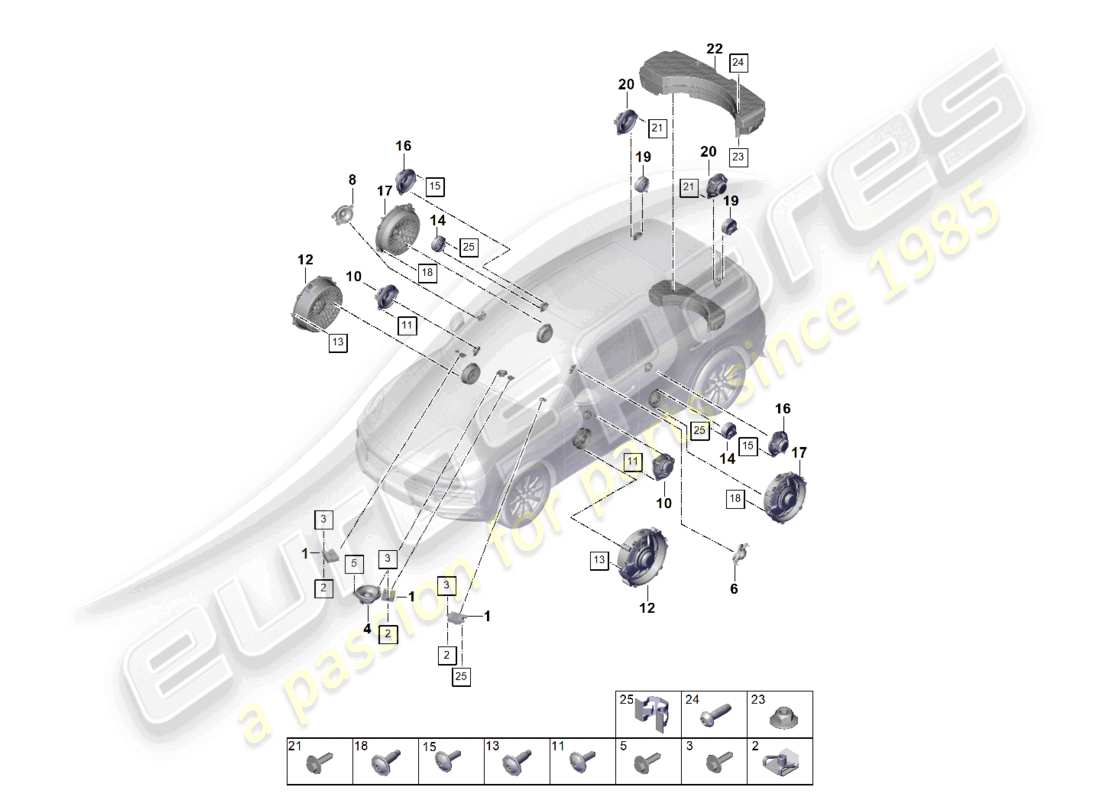 porsche 2023 (cayenne e3 9ya/9yb) altoparlante diagramma delle parti