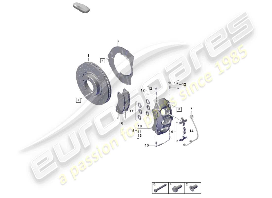 porsche 2024 (992-2) schema base delle parti dell'assale anteriore del freno a disco