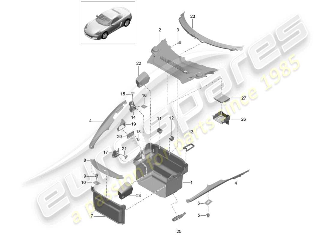 porsche 2024 (718 boxster) schema delle parti anteriori del rivestimento del vano bagagli